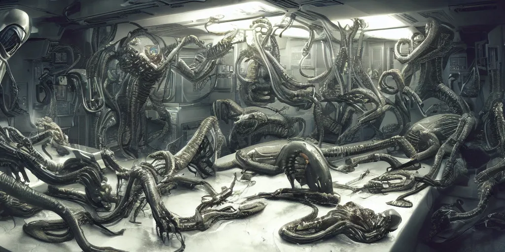 Image similar to Biolevel 4 Xenomorph experiment gone wrong in Weyland Yutani bio labs, by Chris Tulloch McCabe, realistic, detailed, trending on artstation, wallpaper, wide angle, 16mm