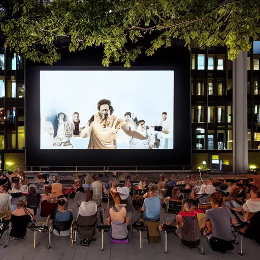 Image similar to the mq's film festival frameout shows films from predominantly domestic production on a summer outdoor cinema screen in the courtyard of the museumsquartier vienna