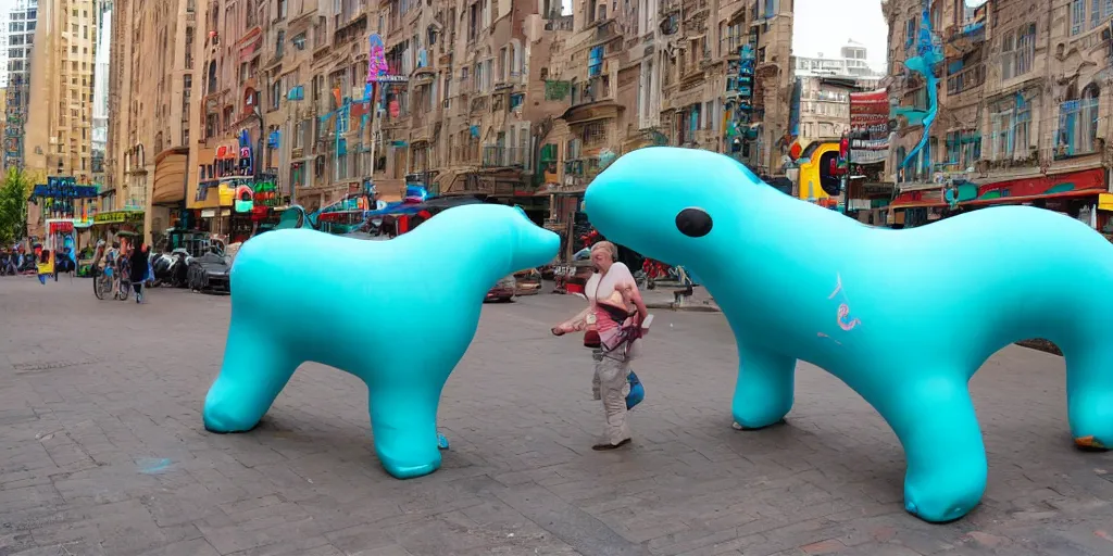 Image similar to huge turquoise wiener - shaped creatures walk around the city