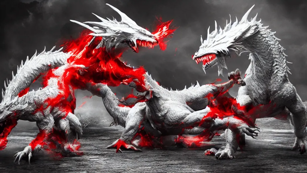 Image similar to a photorealistic dramatic fight - scene between a white and a red dragon, dramatic lighting, gritty, brutal, ultra realistic details, 8 k