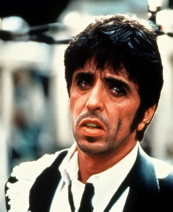 Image similar to extreme long shot. tony montana from movie scarface 1 9 8 3. al pacino, perfect symmetric face, coherent eyes, fine details, 4 k, ron cobb. cinestill