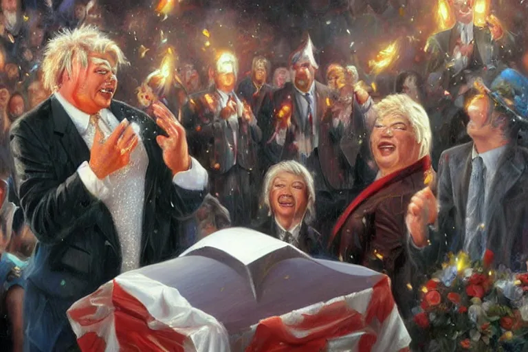 Prompt: portrait of rip taylor throwing confetti during a funeral service, an oil painting by ross tran and thomas kincade