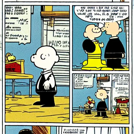 Prompt: charlie brown playing with young albert einstein by charles schultz, comic book,