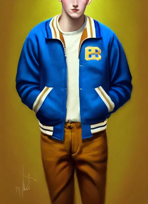 Image similar to portrait of a high school senior boy named moose mason, blonde short hair, jock, beefy, square jaw, square facial structure, 1 9 5 0 s, blue varsity jacket, intricate, elegant, glowing lights, highly detailed, digital painting, artstation, concept art, smooth, sharp focus, illustration, art by wlop, mars ravelo and greg rutkowski