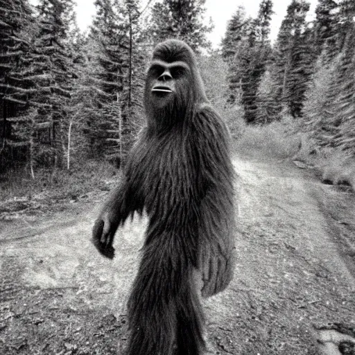 Image similar to a trailcam photo of a real life bigfoot, grainy, vintage, crt