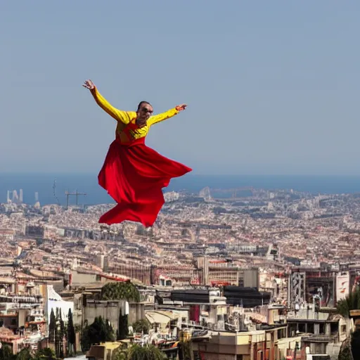 Image similar to santigo abascal flying over barcelona wearing a red and yellow cape