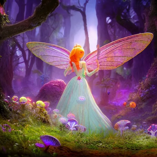 Image similar to beautiful faerie princess walks through happy trippy fungal landscape, weta pixar 8 k detailed face award winning photography, cosmic, heavenly, god rays, intricate detail, cinematic, unreal engine, cel shaded