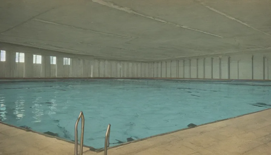 Prompt: 7 0 s movie still of an empty soviet stalinist style swimming pool flooded in water, eastmancolor, heavy grain, high quality, high detail