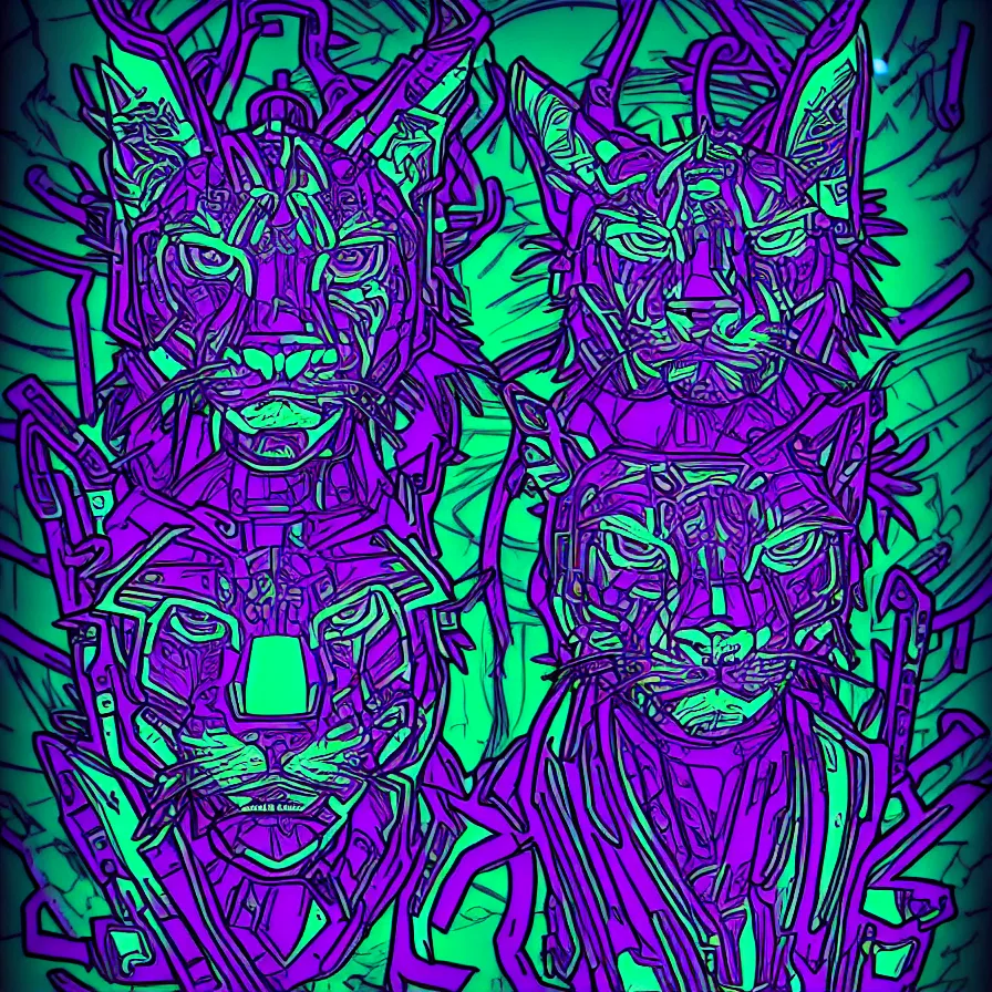 Prompt: a maximalist very detailed antropomorphic humanoid android with a head of a lynx. lowbrow blacklight color palette. artwork by subjekt zero