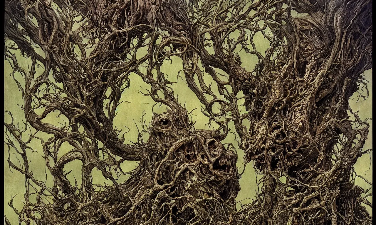 Image similar to hyperdetailed art nouveau portrait of treebeard as a chimera eyeball skull dragon monster, by micheal whelan, simon bisley and bill sienkiewicz, grim yet sparkling atmosphere, photorealism, thorns, claws, teeth, fangs, night in the forest, wild, crazy, scary, horror, lynn varley, lovern kindzierski, steve oliff