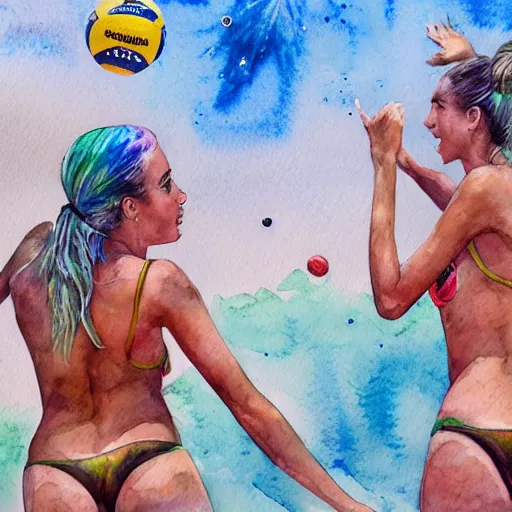 Image similar to on jupiter's moon, beach volleyball babes, botanic watercolors, iridescent, 8 k wide angle, realistic shaded, fine details, artstation, italian, oak tree, hydrangea, fun, party atmosphere