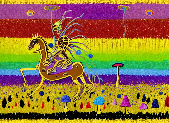 Image similar to pixel decollage painting golden armor alien zombie horseman riding on a crystal bone dragon broken rainbow diamond maggot horse in a blossoming meadow full of colorful mushrooms and golden foil toad blobs in a golden sunset, distant forest horizon, painted by Mark Rothko, Helen Frankenthaler, Danny Fox and Hilma af Klint, pixelated, neo expressionism, semi naive, pastel colors, cinematic, color field painting, cave painting, voxel, pop art look, outsider art, minimalistic. Bill Traylor painting, part by Philip Guston,Amano and Francis Bacon. art by Adrian Ghenie, very coherent symmetrical artwork, cinematic, hyper realism, high detail, octane render, unreal engine, Smooth gradients, depth of field, full body character drawing, extremely detailed, 8k, extreme detail, intricate detail, masterpiece