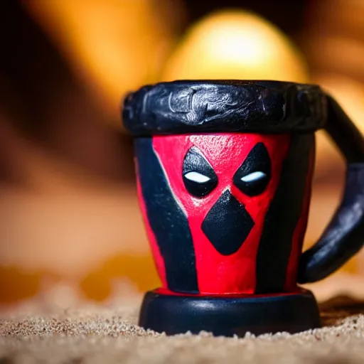 Image similar to a closeup photorealistic photograph of a deadpool style tiki mug sitting at a trader vic's beach bar featuring the face of deadpool. tiki party. bright scene. fine detail. this 4 k hd image is trending on artstation, featured on behance, well - rendered, extra crisp, features intricate detail, epic composition and the style of unreal engine.