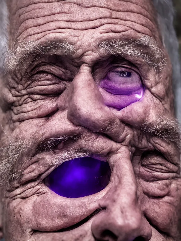 Image similar to an ultra wide fish eye close up portrait photo of an old man with a purple floodlight shined on him, 4 k, 8 k, ultra hd, photorealistic.