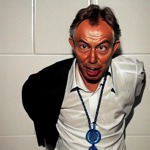 Prompt: Tony blair vomiting chains. Perfect photograph portrait in a nightclub toilet