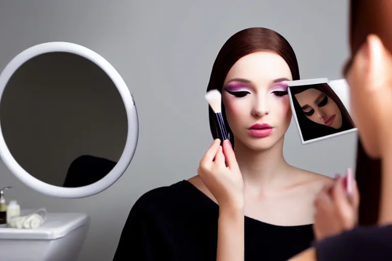 Image similar to beautiful female android, putting on makeup in front of a bathroom mirror