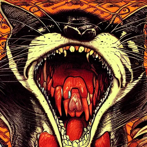 Prompt: vampire cat eating a fish, inside a frame on a tiled wall, frontal picture, by yoichi hatakenaka, masamune shirow, josan gonzales and dan mumford, ayami kojima, takato yamamoto,