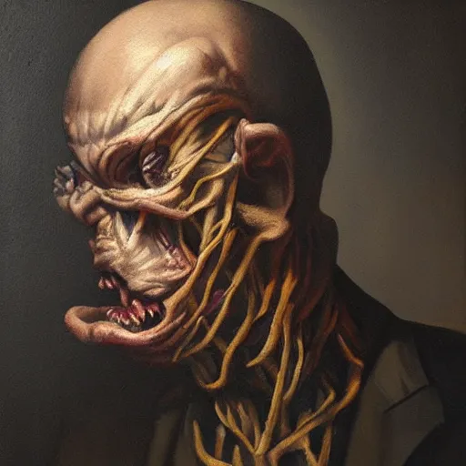 Image similar to Oil painting by Christian Rex Van Minnen of a portrait of an extremely bizarre disturbing mutated man with intense chiaroscuro lighting perfect composition