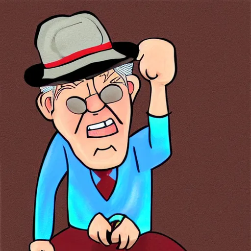 Image similar to a hilarious grumpy old man wearing a funny hat and has the expression of screaming and yelling, shaking his fist at those darn kids again! Digital art, humorous