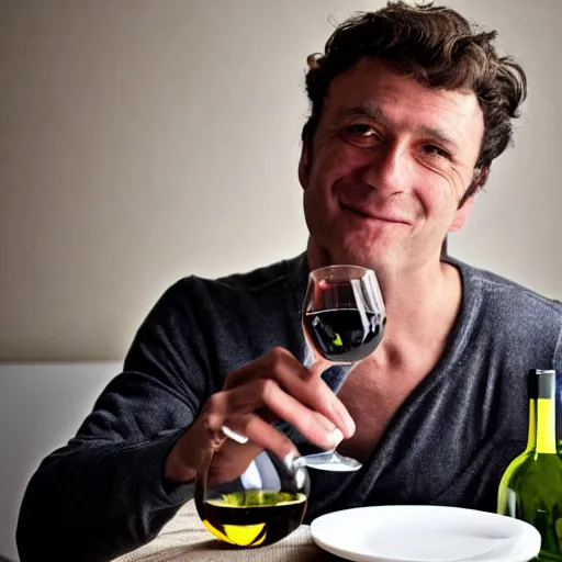 Prompt: photograph of a frenchman seated at a table with a bottle of wine and a cheese in 2 0 2 0. in color, 5 0 mm