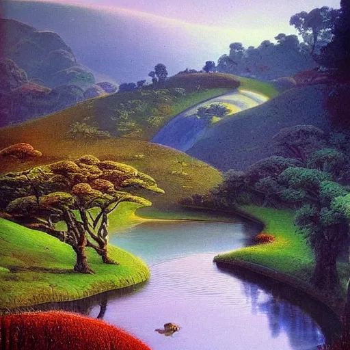 Image similar to A beautiful photograph of a landscape. It is a stylized and colorful view of an idyllic, dreamlike world with rolling hills, peaceful looking animals, and a flowing river. The scene looks like it could be from another planet, or perhaps a fairy tale. umber by Hal Foster relaxed, dull