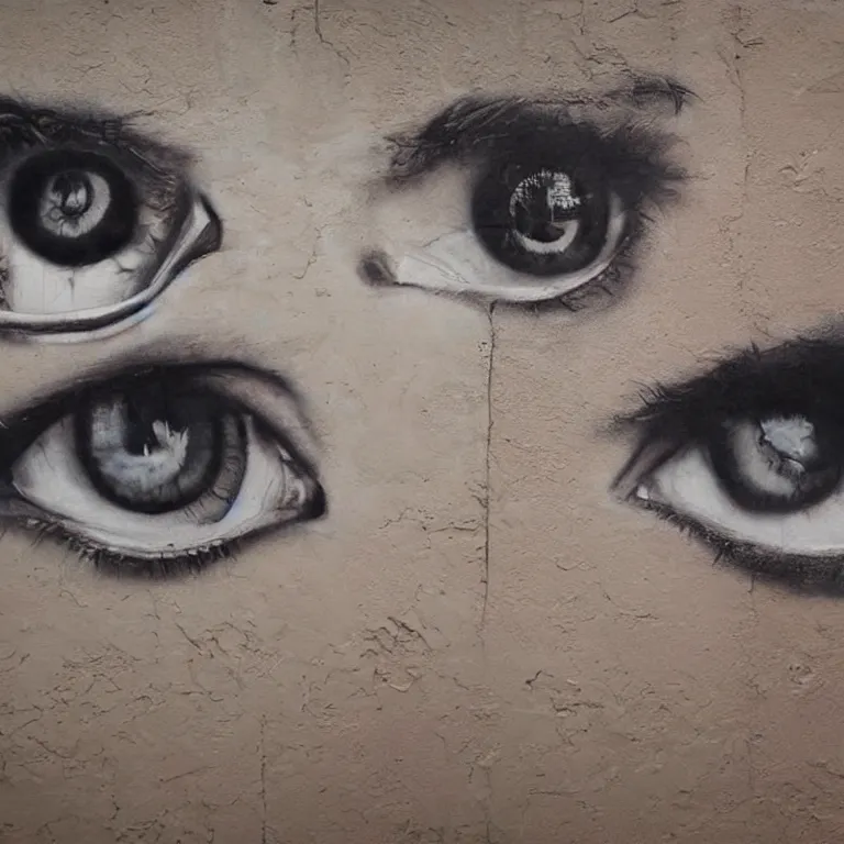 Image similar to Street-art painting of eyes in style of JR, photorealism