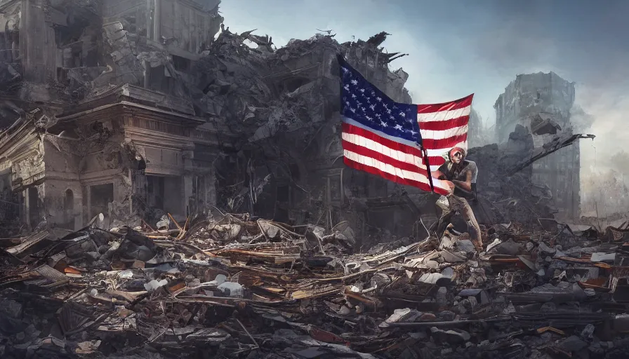 Image similar to destroyed washingon dc, man planting the torn dirty american flag on the ruins of a building, debris, hyperdetailed, artstation, cgsociety, 8 k