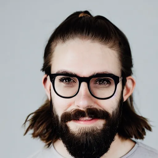 Prompt: bearded brown haired man with manbun and glasses