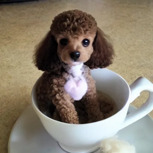 Prompt: very realistic cute poodle puppy sitting inside a tea cup