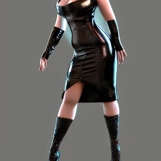 Image similar to curvy feminine hot goth cutie with elegant iridescent dark snakeskin leather dress, mosaic pattern, leather stockings, cgsociety, photorealistic, sublime ambience, idealistic, 16k, smooth, sharp focus, trending on ArtStation, volumetric lighting, fully clothed, worksafe