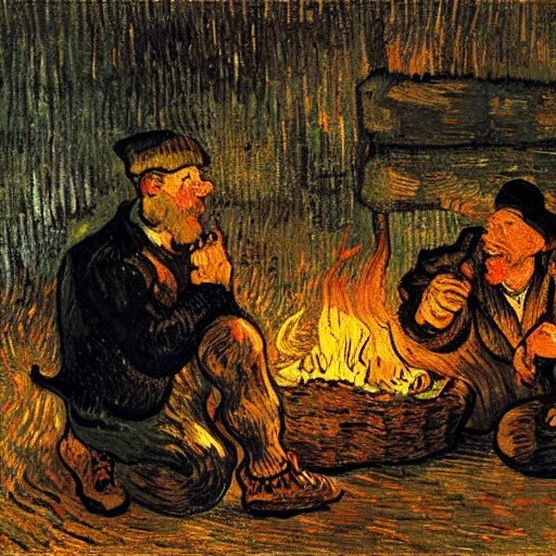 Image similar to painting of a man in hell making smores, by van gogh.