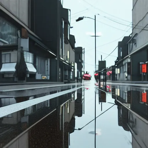 Image similar to still photo of rain puddles and reflections in a japanese street, cloudy weather, highly detailed, photorealistic shot, bright studio setting, studio lighting, crisp quality and light reflections, unreal engine 5 quality render