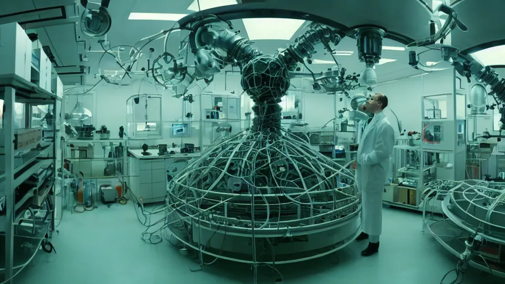 Prompt: a huge octoidal mri machine and control panels in the laboratory inspection room, film still from the movie directed by denis villeneuve with art direction by salvador dali, wide lens