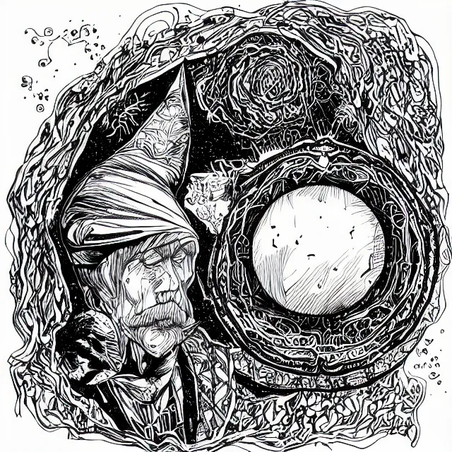 Prompt: black micron pen illustration, a wizard pondering an orb, white background, inktober, highly detailed, artstation hd