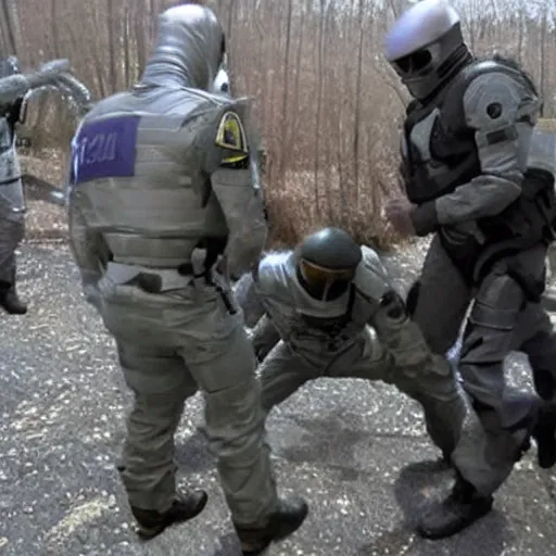 Image similar to arrest of an extraterrestrial grey alien zeta reticulan by spetsnaz