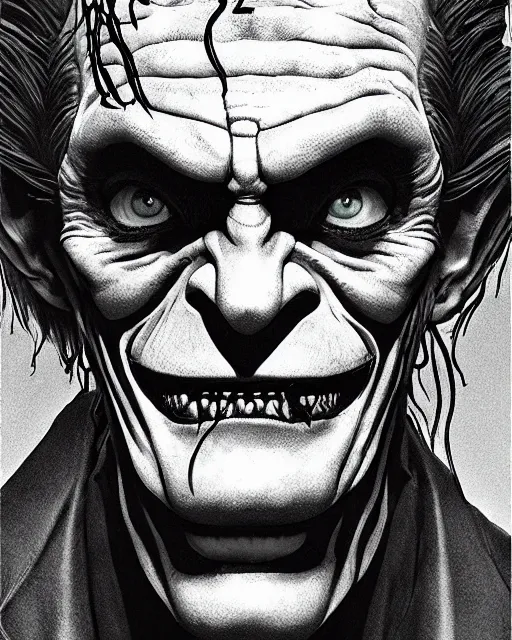 Image similar to portrait of willem dafoe green goblin as the joker, portrait photography, art by makoto shinkai and peter elson, bernie wrightson