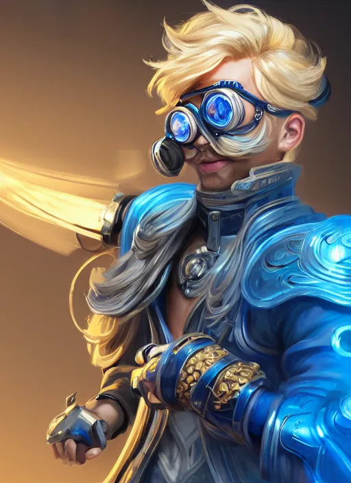 Image similar to a highly detailed illustration of thick wavy bright blonde haired effeminate boy wearing blue robe and goggles and iron cybermechanical arms, blue eyes, dramatic smiling pose, intricate, elegant, highly detailed, centered, digital painting, artstation, concept art, smooth, sharp focus, league of legends concept art, wlop