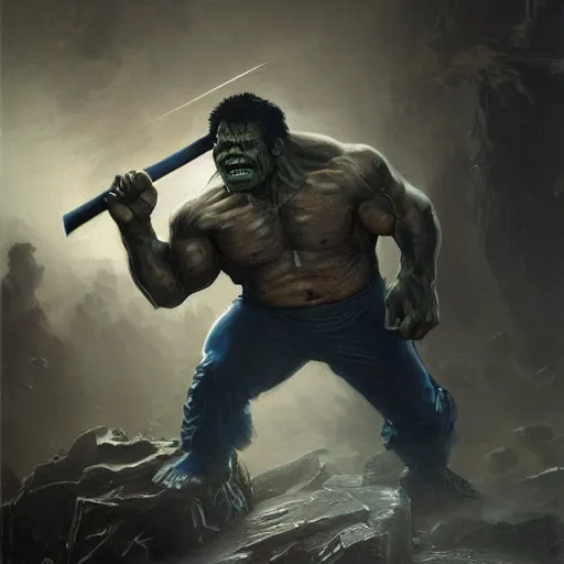 Image similar to artstation concept a midnight blue hulk jolding a meat cleaver, dusty, hyperdetailed, artstation trending, world renowned artists, worth 1 0 0 0. com, historic artworks society, antique renewel, cgsociety, by greg rutkowski, by gustave dore, deviantart