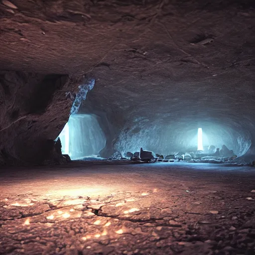 Prompt: a cave - like underground post - apocalyptic nuclear bunker lit only by a small crack in the ceiling that casts light on the devil himself lurking inside. octane render, 4 k, photorealism