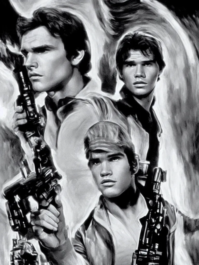 Prompt: Young Matt Dillon as Han Solo in Star Wars, hyperrealism, movie still, science fiction