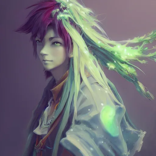 Image similar to a beautiful fullbody portrait of an anime boy with long straight green hair in a western fantasy bard style. character design by cory loftis, fenghua zhong, ryohei hase, ismail inceoglu and ruan jia. artstation, volumetric light, detailed, photorealistic, fantasy, rendered in octane