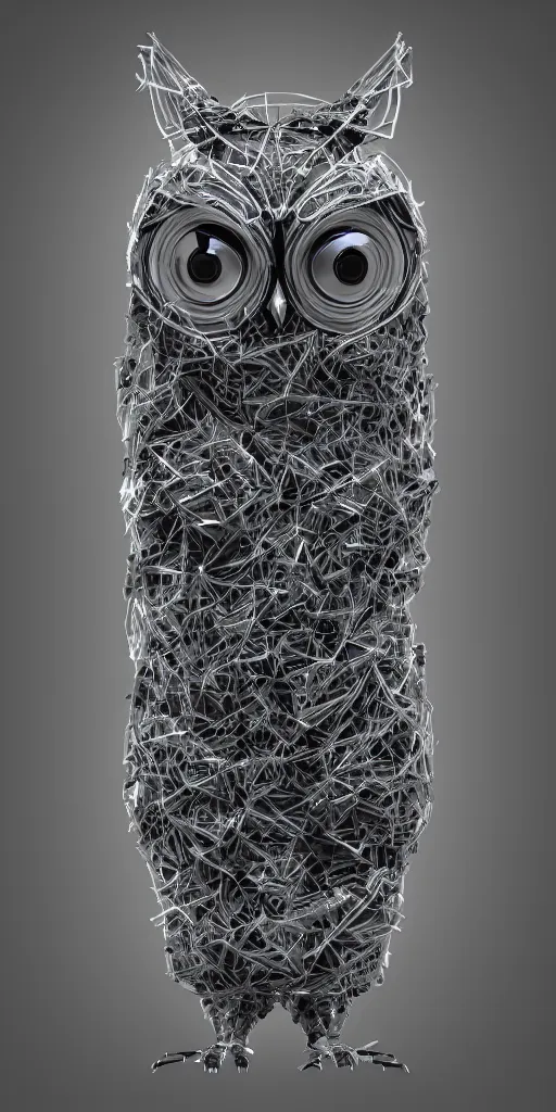 Prompt: cybernetic owl. portrait. complex shape. highly detailed. octane render. 8 k. monochrome. cinematic.