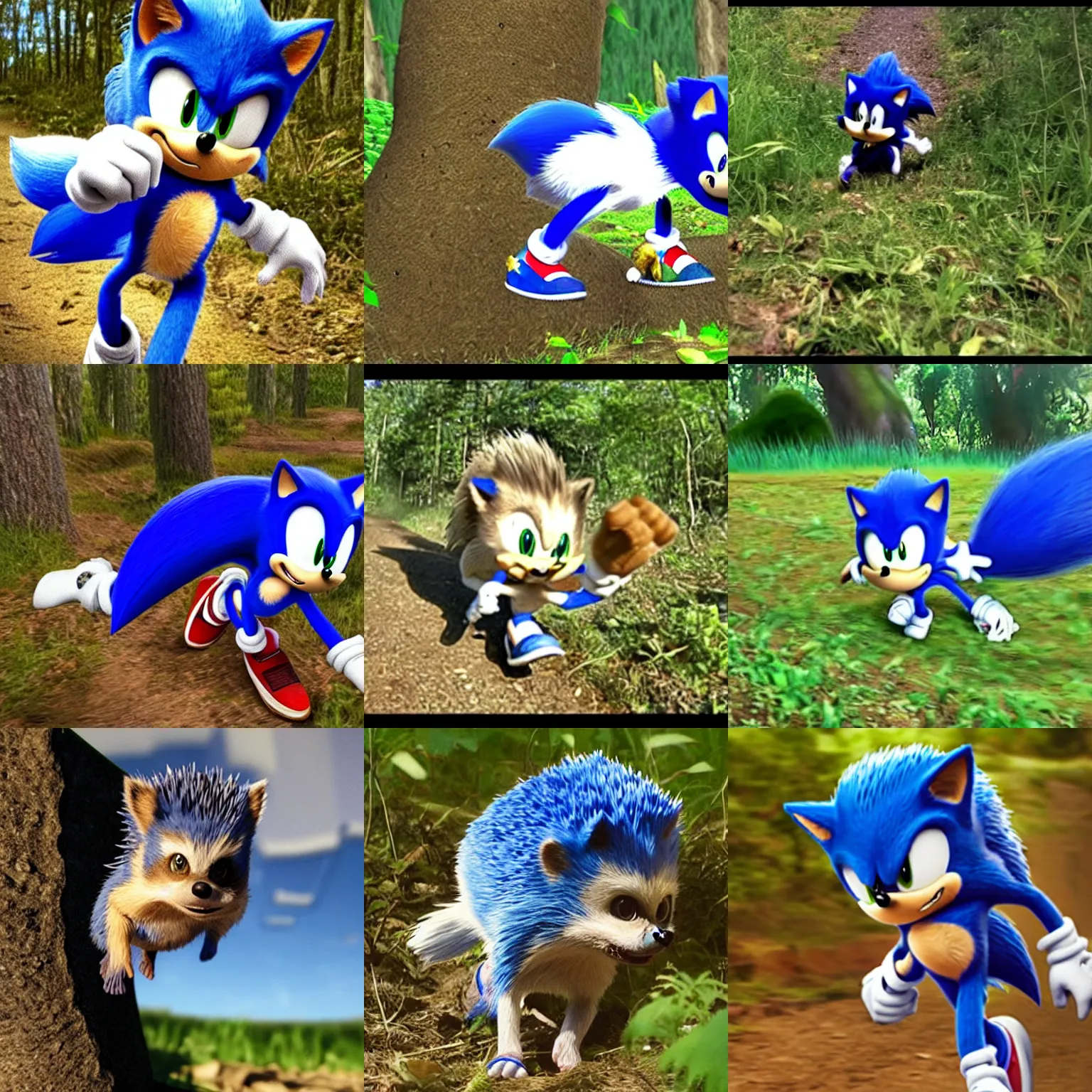 Prompt: trail cam footage of sonic the hedgehog