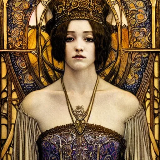 Prompt: detailed realistic half body portrait of a beautiful young medieval queen by jean delville, art nouveau, symbolist, visionary, gothic, horizontal symmetry, opulent gown, ornate jewels