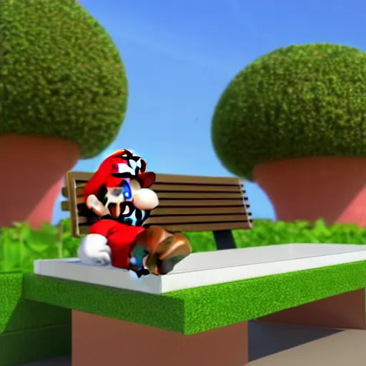 Prompt: 3 d photo of super mario, sitting on a bench with a park behind him, bokeh, shader, anime art style, highly detailed, cel - shaded, colorful, animated, trending