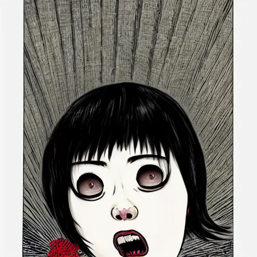 Image similar to a white girl withblack hair by junji ito, colored, realistic, horror