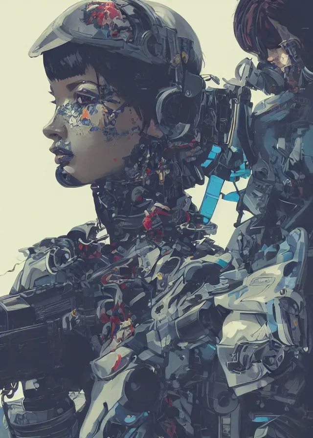 Image similar to highly detailed, james jean, ilya kuvshinov, greg rutkowski, simon roy, mcbess, yoji shinkawa, portrait illustration of a cyberpunk military woman, oil on canvas, colorful, cinematic composition, ray tracing, hyper realism, photorealistic