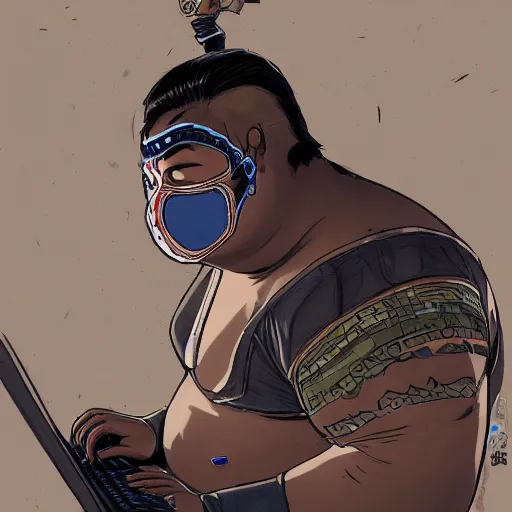 Image similar to an insanely detailed painting of a chubby asian man wearing a homemade superhero costume and mask, sitting at a computer desk typing on the keyboard, in the style of peter mohrbacher, dramatic lighting and composition, trending on artstation, concept art, comic book, graphic novel, back view