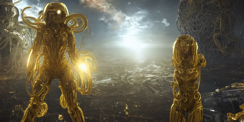 Prompt: a photo of 8k ultra realistic corrupted lovecraftian golden cyberwoman standing next to a spaceship window overlooking earth, 8 intricate white and gold tentacles, ornate white and gold armour, cinematic lighting, trending on artstation, 4k, hyperrealistic, focused, extreme details, unreal engine 5, cinematic, masterpiece