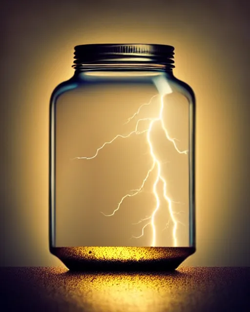 Prompt: stormy clouds and lightning inside a glass jar, bokeh, dramatic lighting, hyperrealistic, highly detailed